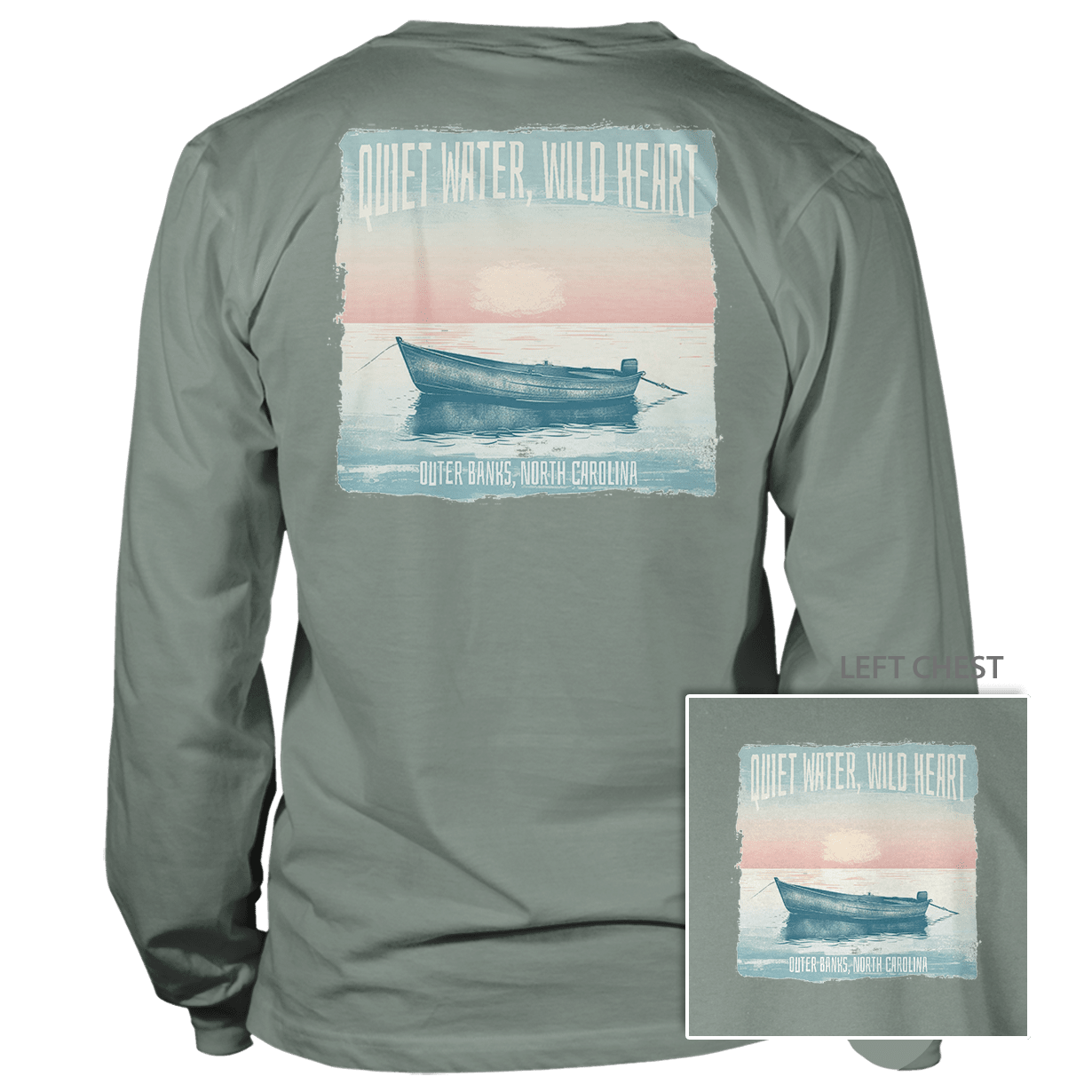 Quiet Water Wild Heart on 6.1 oz Cotton L/S T-Shirt - Stonewashed Green