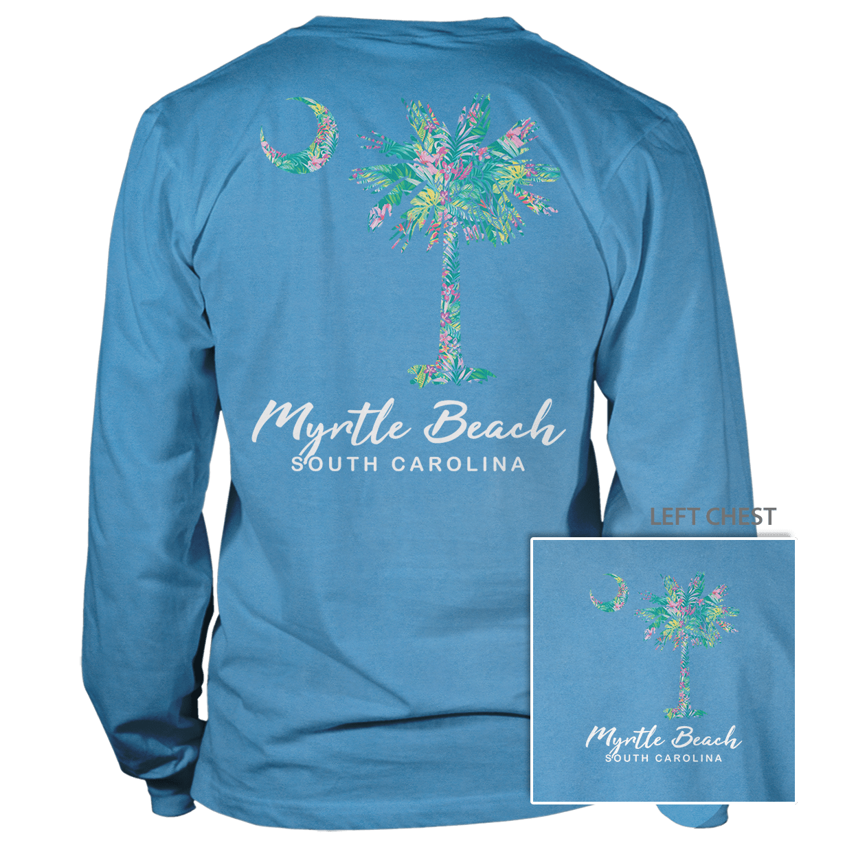 Tropical Palmetto Moon on 6.1 oz Cotton L/S T-Shirt - Aquatic Blue